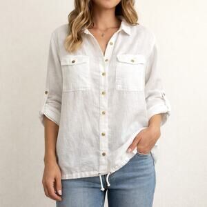 Liz Claiborne White Linen Blend Button Down Blouse XL Drawstring Hem